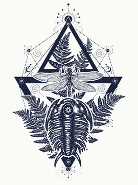 Prehistoric tattoo art.  Dragonfly in triangle t-shirt design. Symbol of paleontology, science, education. Trilobites, dragonfly and fern tattoo