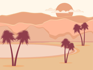Oasis with palm trees. Desert. Vector illustration