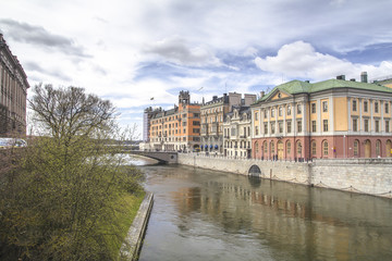 bridge at the parliament building Riksdagshuset Stockholm spring