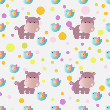 seamless pattern with cartoon cute toy baby behemoth, bird and Circles on a light gray background