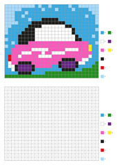 Coloring book with numbered squares. Kids coloring page, pixel coloring. Pink glamour car. Vector illustration