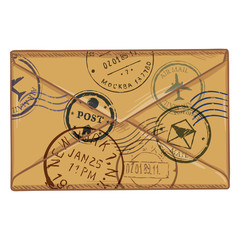 Vector Cartoon Brown Envelope with Postal Stamps