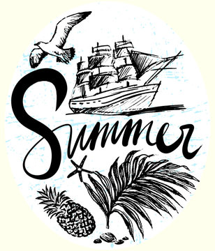 Ink hand drawn Summer trip illustration with ship in the deep, seagull and tropic flora