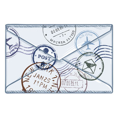 Vector Cartoon White Envelope with Postage Stamps