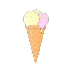 Isolated colored ice cream cone with pink yellow and green balls of ice-cream on white background.