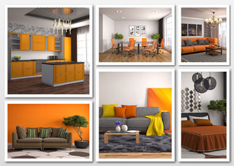 Collage of modern home orange interior. 3d illustration