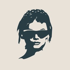 Portrait of beautiful woman in black sunglasses. Short hair. Vector version. Front view