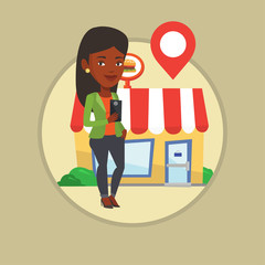 Woman looking for restaurant in her smartphone.