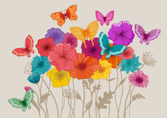 Colorful flowers and butterflies, eps10 vector