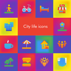 Vector set of 14 icons showing city life in brutalism material design style