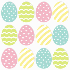Happy Easter painting egg Painted shell set. Light Color Seamless Line striped, heart, star shape pattern Wrapping paper, textile template. White background. Flat design.
