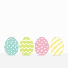 Colorful painting Easter egg set. Row of painted eggs shell. Heart, star, dot, line striped shape pattern. Light color. White background. Isolated. Flat design.