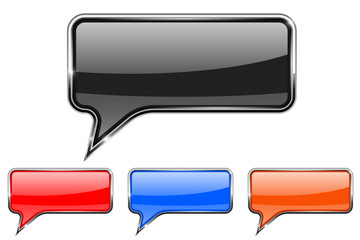 Speech bubbles. Rectangular communication 3d icons with chrome frame