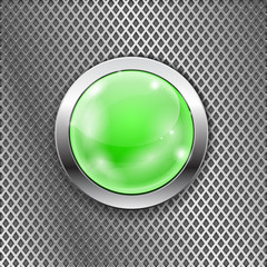 Green round glass button with metal frame on steel perforated background. Diamond shape holes