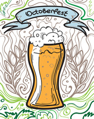 Glass of beer on the doodle background. Can be used for posters, postcards, prints. EPS 10 vector background with irish proverb.