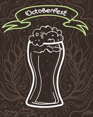 Glass of beer on the doodle background. Can be used for posters, postcards, prints. EPS 10 vector background with irish proverb.