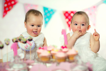 Beautiful happy twins baby on first birthday background.