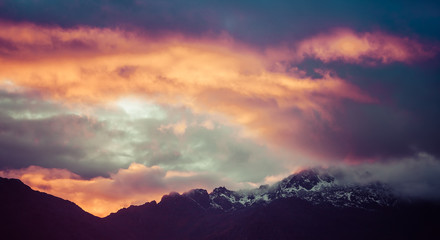 Magnificent vivid sunset in mountains of Himalayas, Nepal
