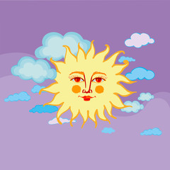 Sun with human face and sun rays in sky with clouds. Vector Illustration
