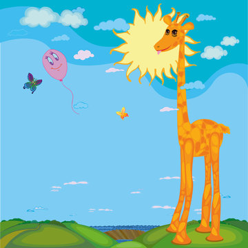 Giraffe, air balloon and flying butterflies with shining sun in background. Cute long-necked giraffe in African savannah. Vector Illustration