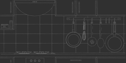 Kitchen counter mockup concept on black chalkboard. Abstract illustration. Front view.