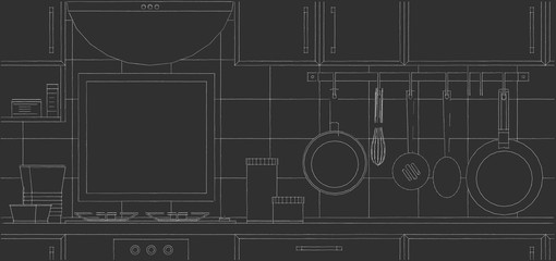 Kitchen counter frame mockup concep on black chalkboard. Front view.