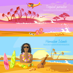 Travel in summer. Tropical beach banner, paradise island for rest. Travel to Hawaii, Tahiti