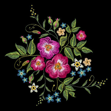 Embroidery wild roses, dogrose flowers. Classic style embroidery