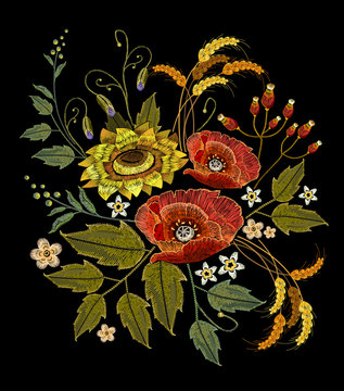 Embroidery sunflowers, roses, flowers, wheat. Beautiful bouquet embroidery template for clothes