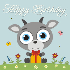Happy birthday! Funny little goat with gift in cartoon style. Card with goat for child birthday.