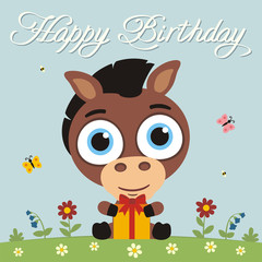 Happy birthday! Funny little horse with gift in cartoon style. Card with horse for child birthday.