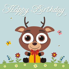 Happy birthday! Funny little deer with gift in cartoon style. Card with deer for child birthday.