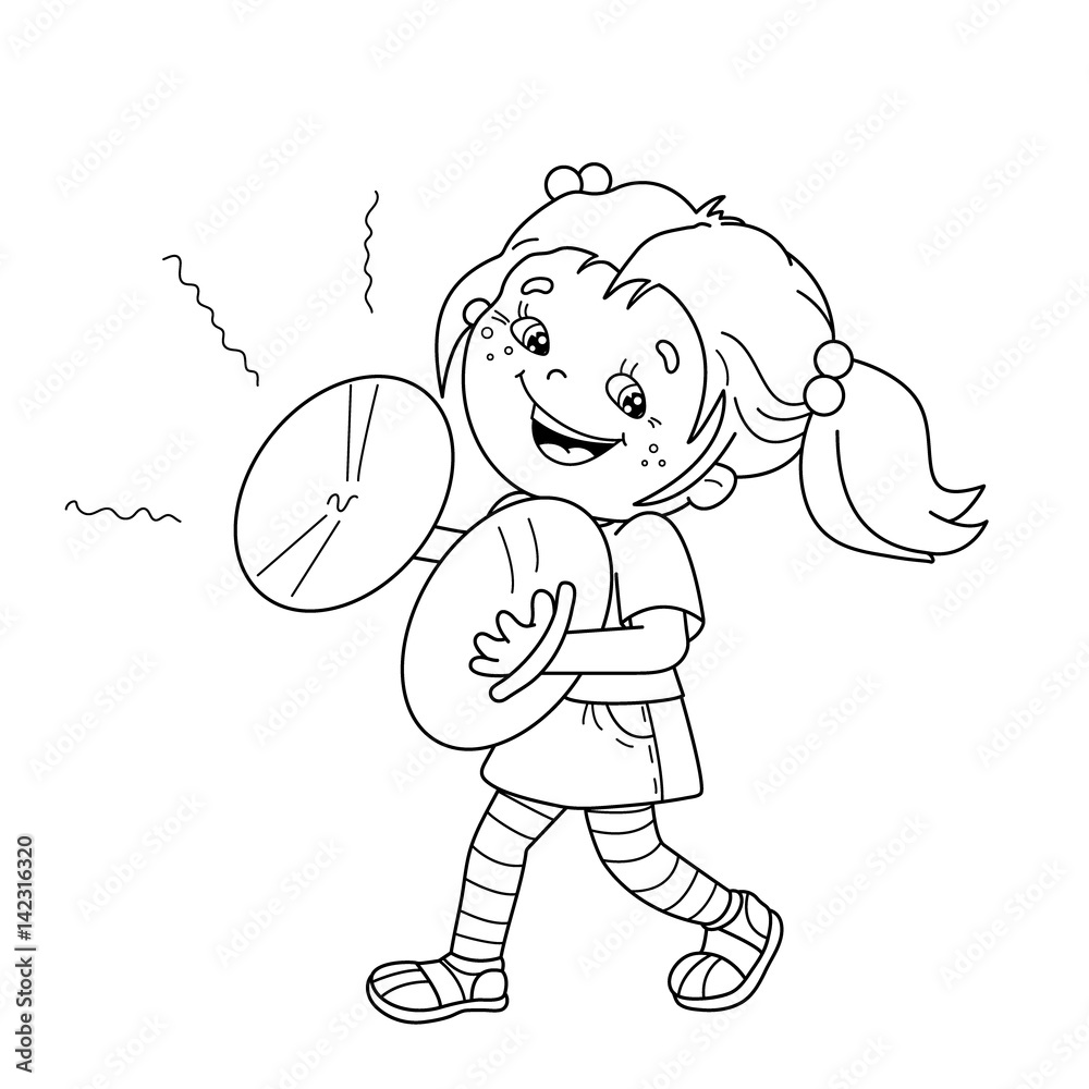 Wall mural coloring page outline of cartoon girl playing the cymbals. musical instruments. coloring book for ki