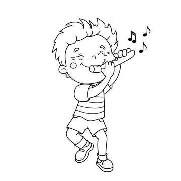 Coloring Page Outline Of cartoon Boy playing the flute. Musical instruments. Coloring book for kids