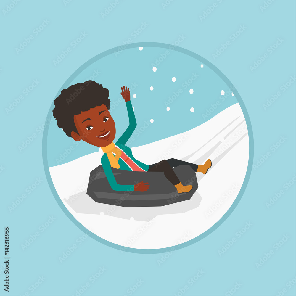 Canvas Prints Woman sledding on snow rubber tube in mountains.