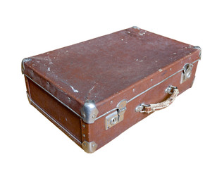 Old shabby suitcase on a white background