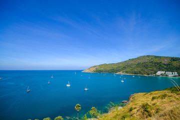 High angle view beautiful landscape of the island and Andaman sea from Windmill viewpoint is a famous attractions of Phuket Province in Thailand