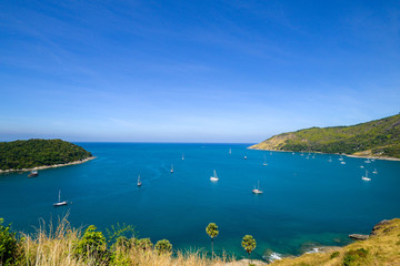 Obraz premium High angle view beautiful landscape of the island and Andaman sea from Windmill viewpoint is a famous attractions of Phuket Province in Thailand