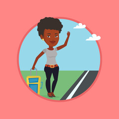 Young woman hitchhiking vector illustration.