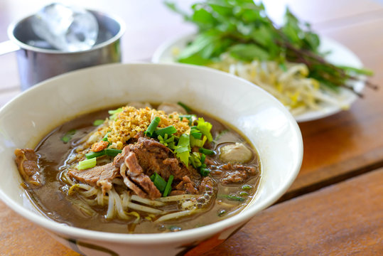 Asian delicatessen, beef noodles with soup.