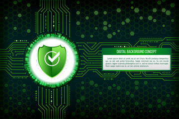 Digital technology concept of background with shield, eye and hacker bug. Circuit board background. Hi-tech electronic wires. Abstract information security. Modern safety digital background.