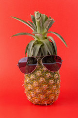 Trendy glasses summer pineapple wearing hipster style onred background.