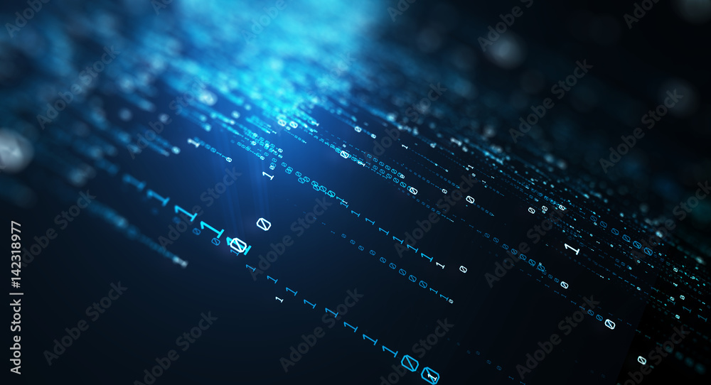 Poster Binary code  background/Blue bytes of binary code flying through a vortex, background code depth of field