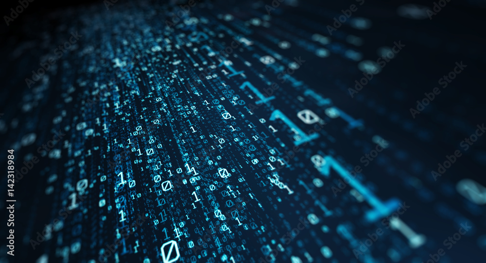 Poster Binary code  background/Blue bytes of binary code flying through a vortex, background code depth of field