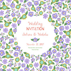 Invitation card for a birthday or wedding. Background with floral patterns. Chamomile, green leaves. Summer ornament. Vector illustration.