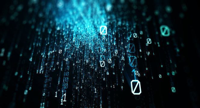 Binary code  background/Blue bytes of binary code flying through a vortex, background code depth of field