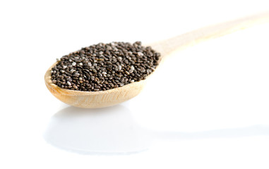 Chia seeds in wooden spoon isolated on white