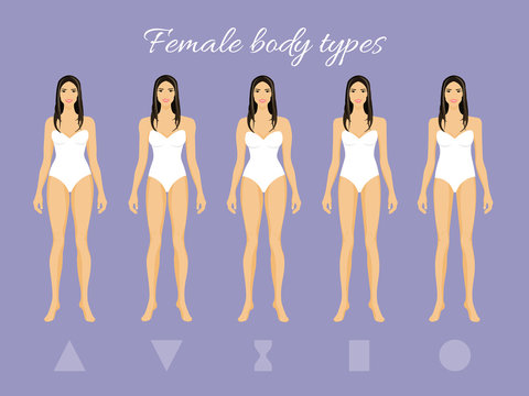 Set of Female Body Shape Types: Triangle, Inverted Triangle, Hourglass, Rectangle, Round