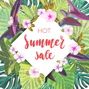 Summer tropical sale design with exotic pink and purple flowers. Jungle vector floral template.