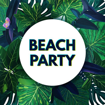 Modern botanical summer tropical design with palm leaves and exotic plants. Vector floral party flyer template.